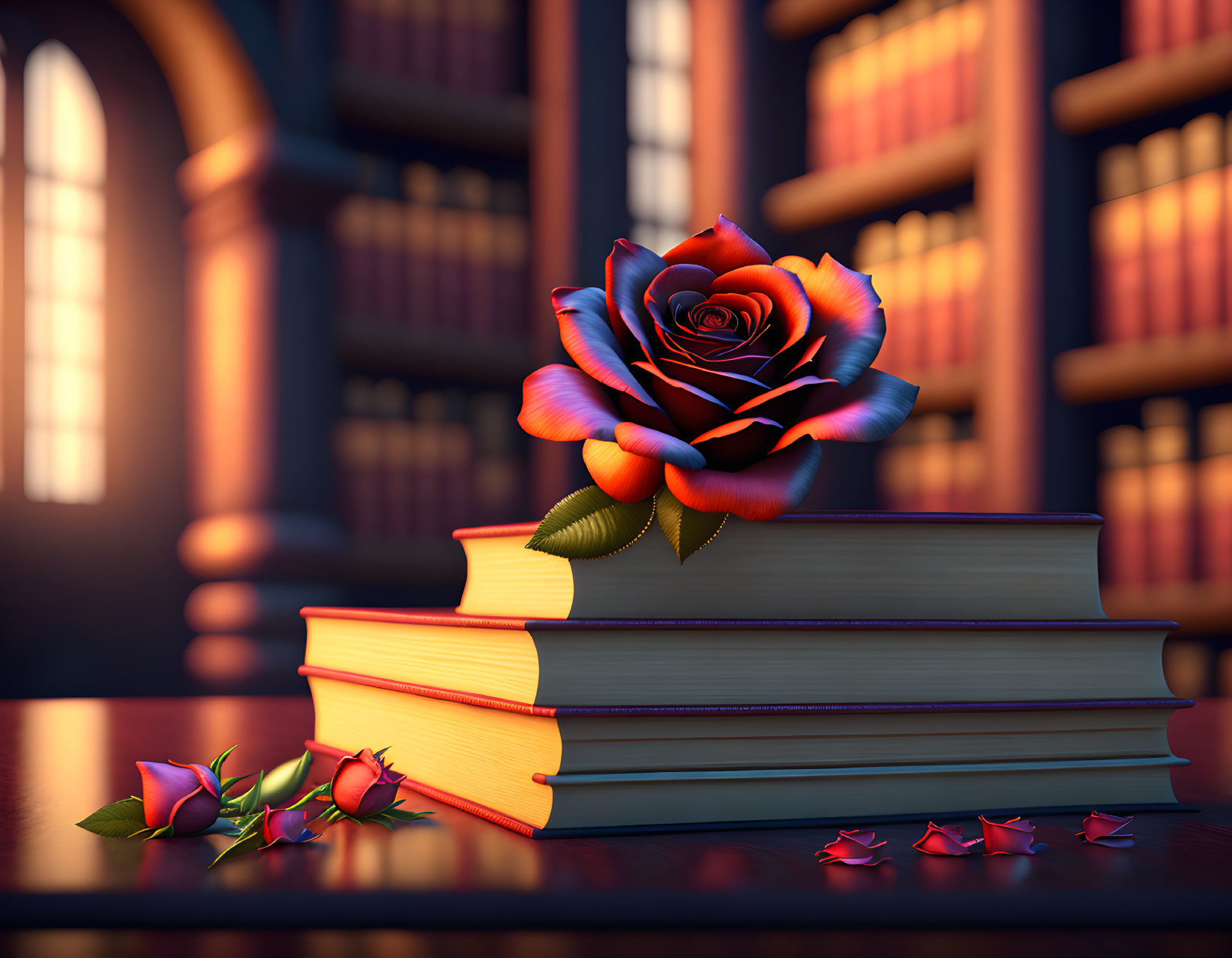 Colorful rose on books in cozy library with warm lighting