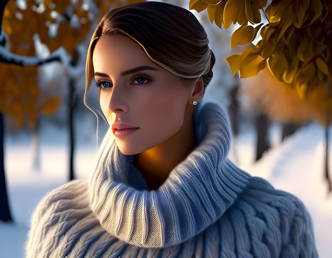 Woman in Cozy Turtleneck Sweater Amidst Wintry Scene