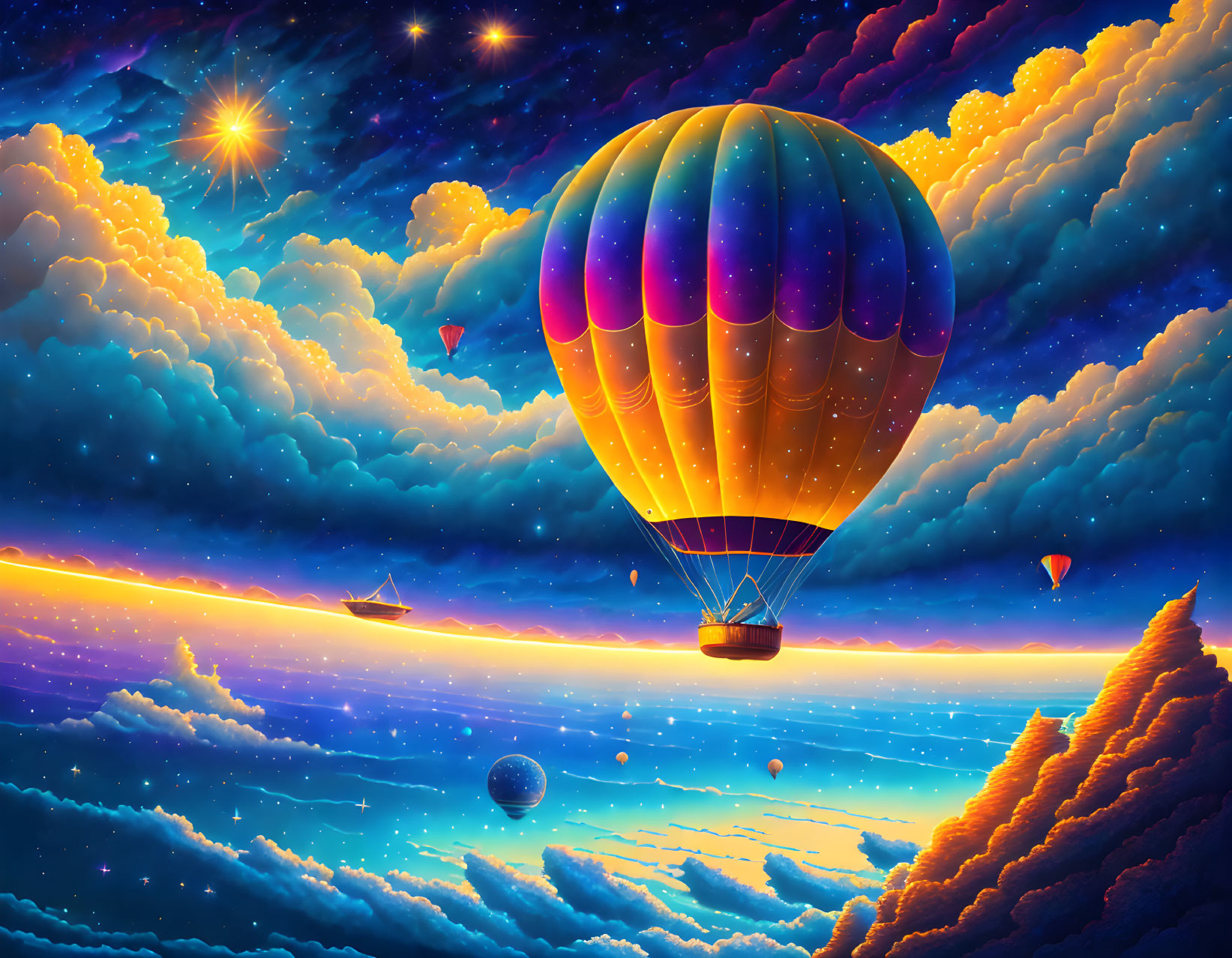 Colorful hot air balloon flying in vibrant sky with stars and clouds