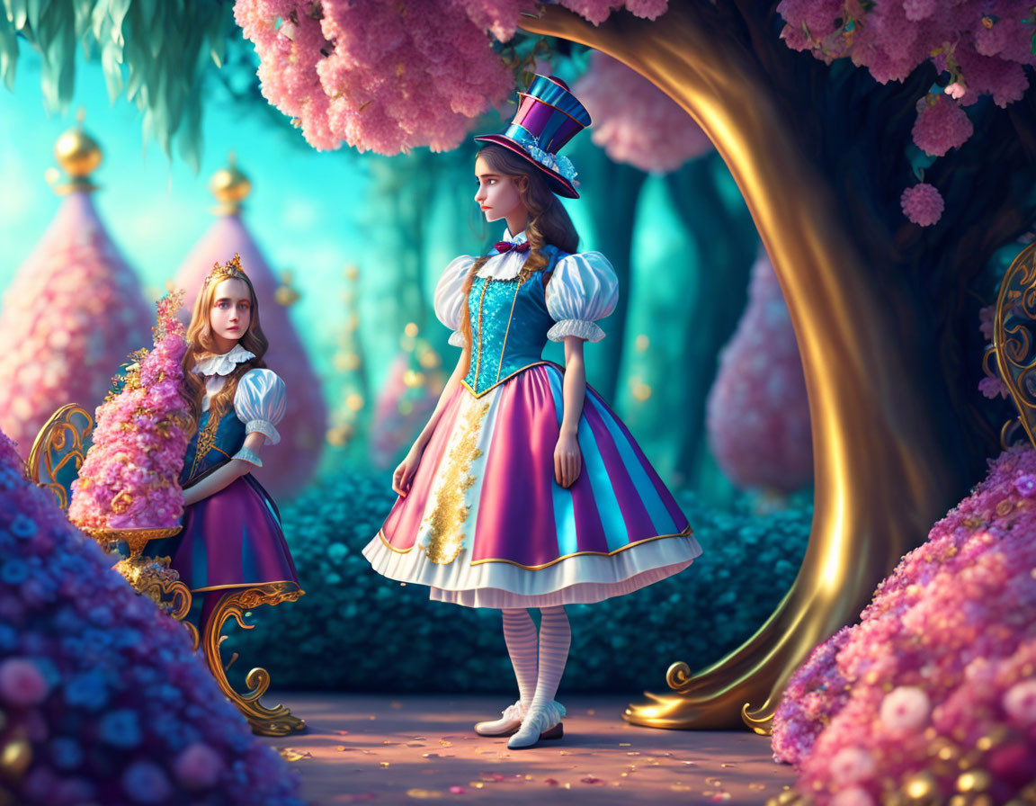 Illustration of two characters in enchanted forest with Mad Hatter and Alice costumes among pink flora