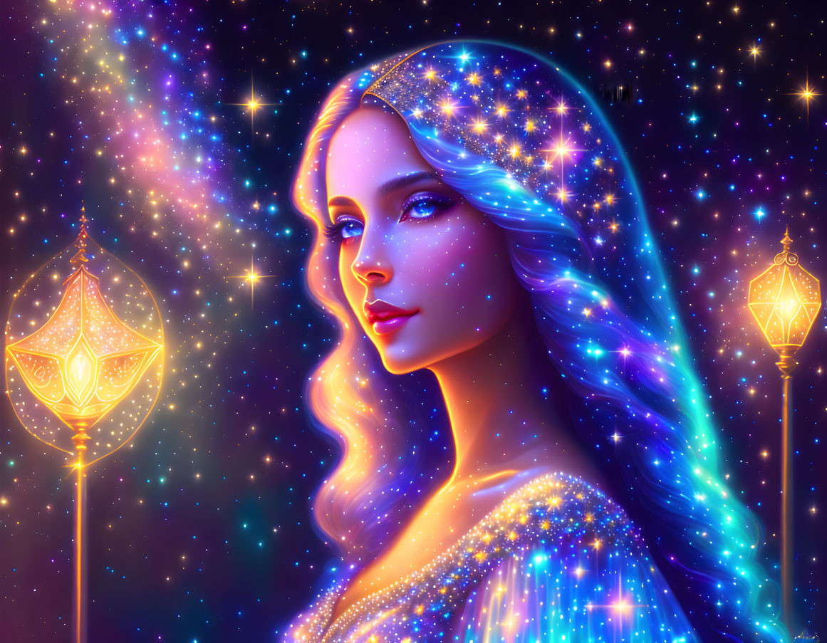 Illustration of woman with starry hair and diadem in cosmic setting with ornate lanterns