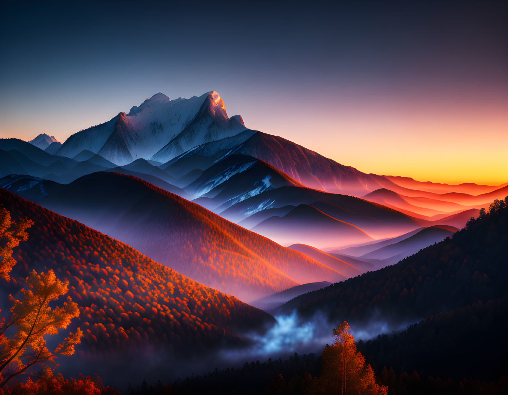 Snow-capped mountains at sunrise with autumn forest and gradient sky