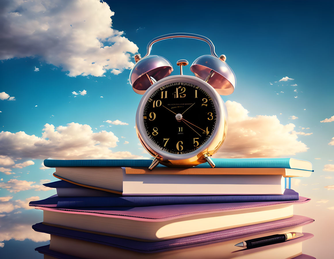 Vintage alarm clock on stack of books under golden hour sky