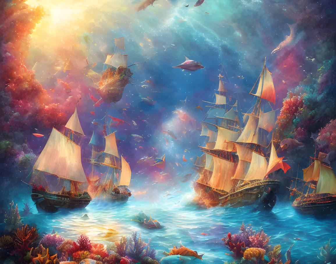 Sailing ships in vibrant underwater realm with coral, fish, rays