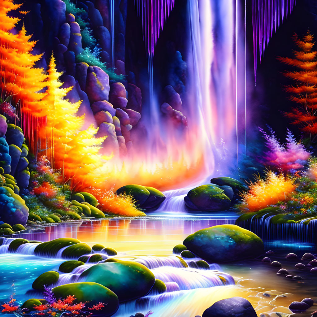 Fantasy waterfall digital artwork with neon trees and serene pool