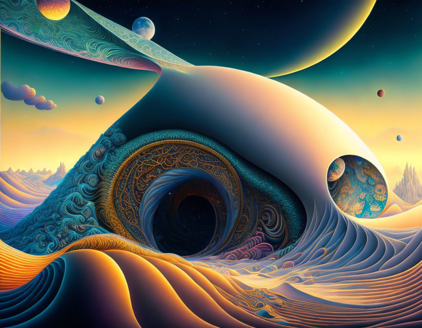 Surreal landscape featuring cosmic eye, swirling patterns, planetary bodies, warm and cool hues.