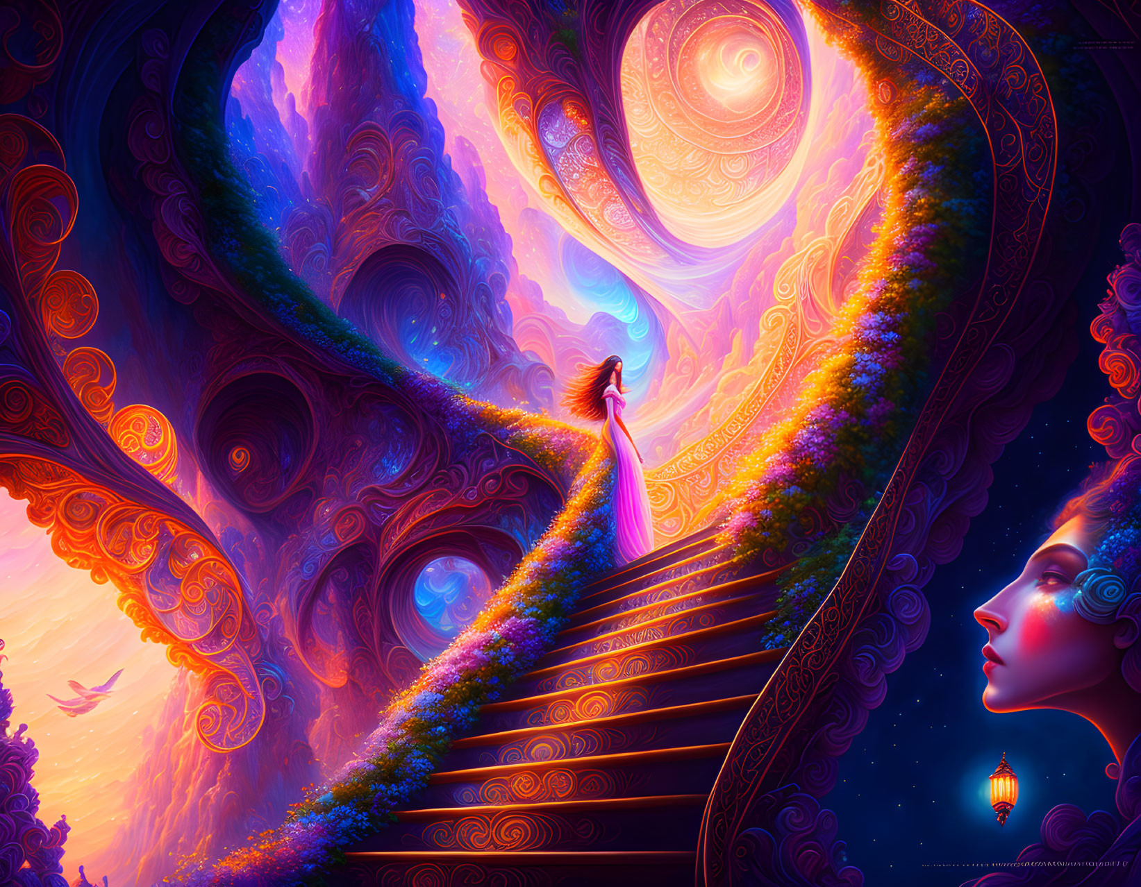 Surreal art: Woman on luminous staircase under cosmic sky