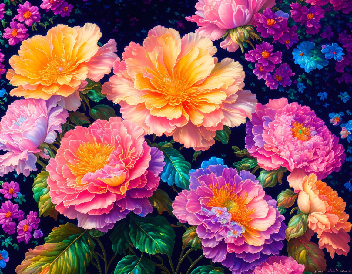 Colorful Illustrated Peonies in Pink, Orange, and Purple