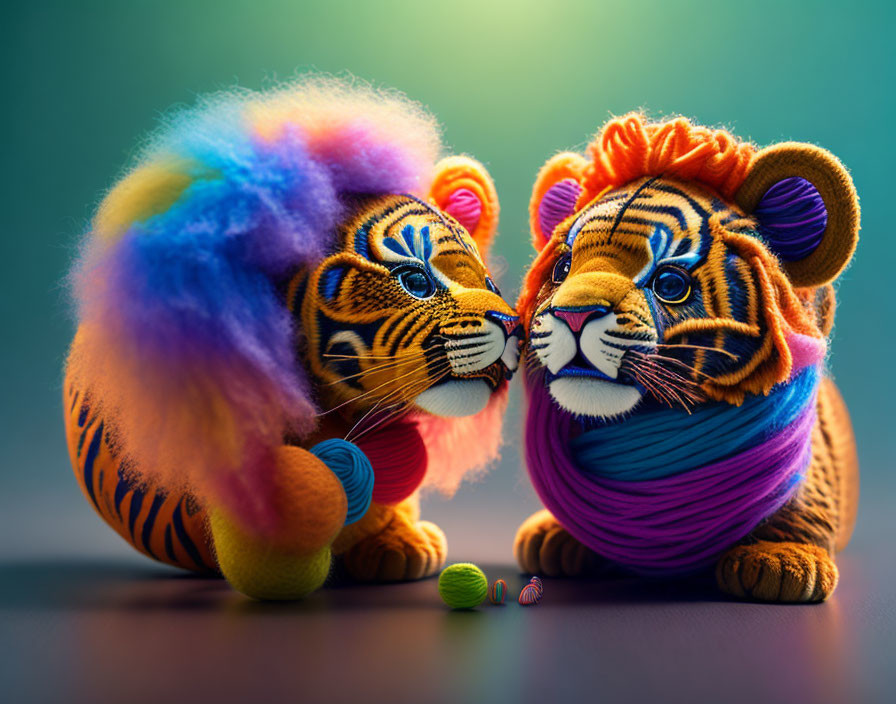 Colorful Wool-Covered Toy Lions with Yarn Ball