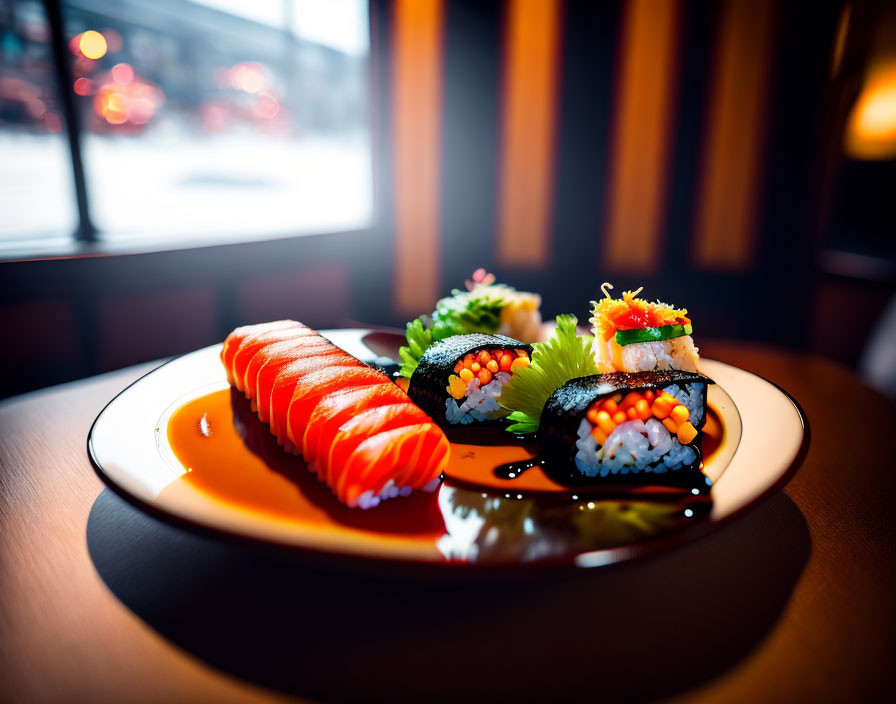 Vibrant sushi plate in dimly lit restaurant setting