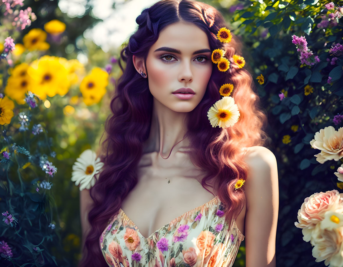 Purple-haired woman with floral hair accessories in garden pose.