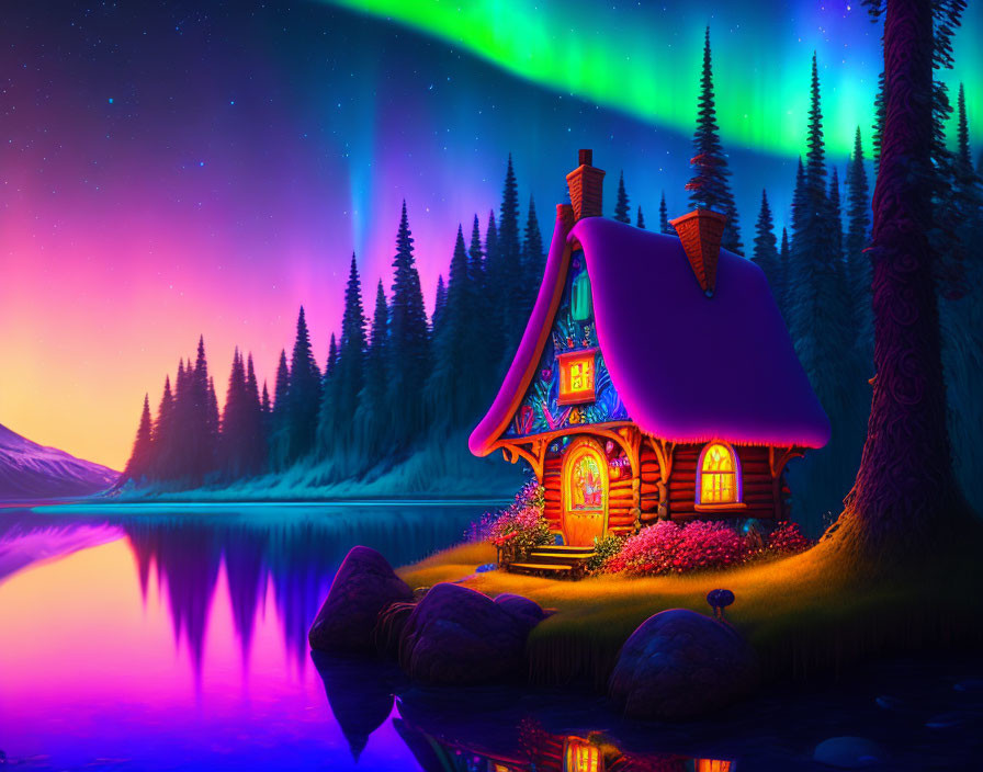 Colorful Cottage Illustration with Aurora Borealis and Lake