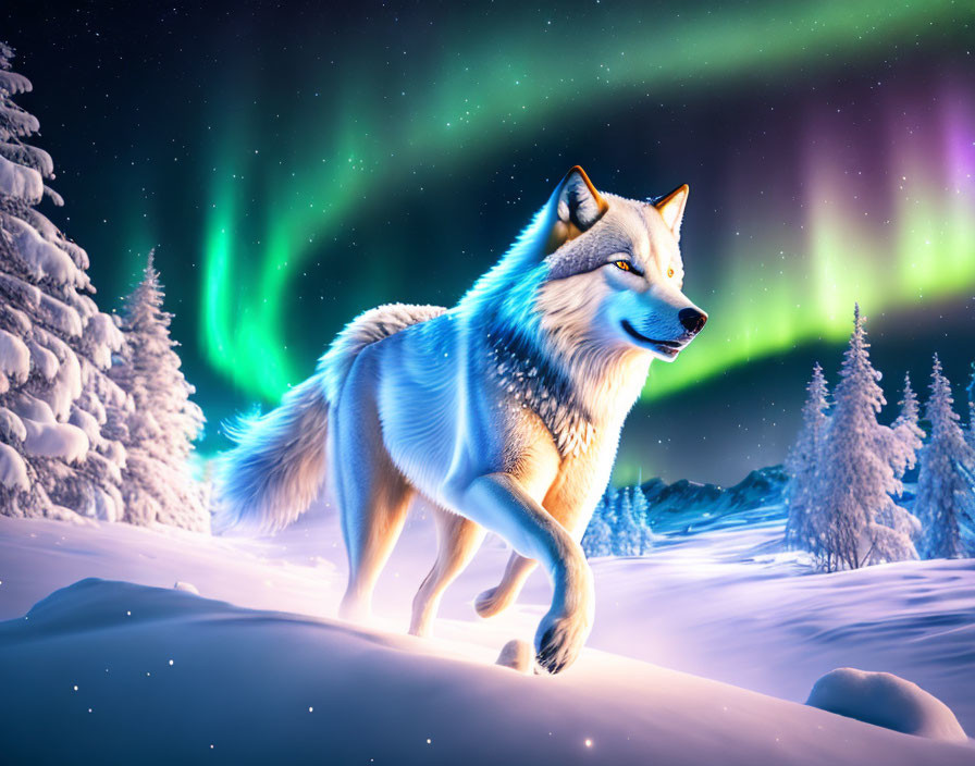 Majestic wolf in snowy landscape under aurora borealis