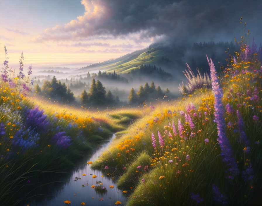 Tranquil sunrise landscape with stream, hills, wildflowers & mist