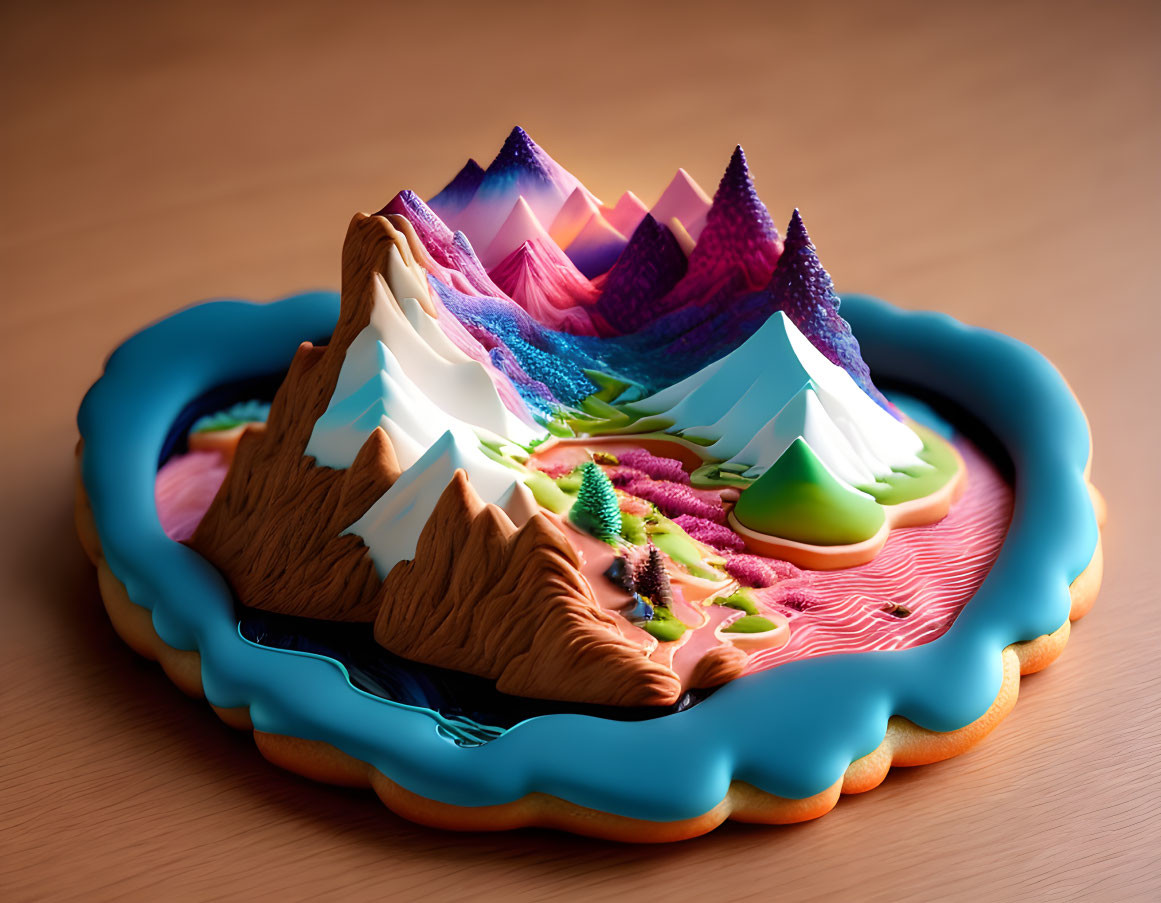 Colorful Miniature Mountain Landscape on Flat Surface