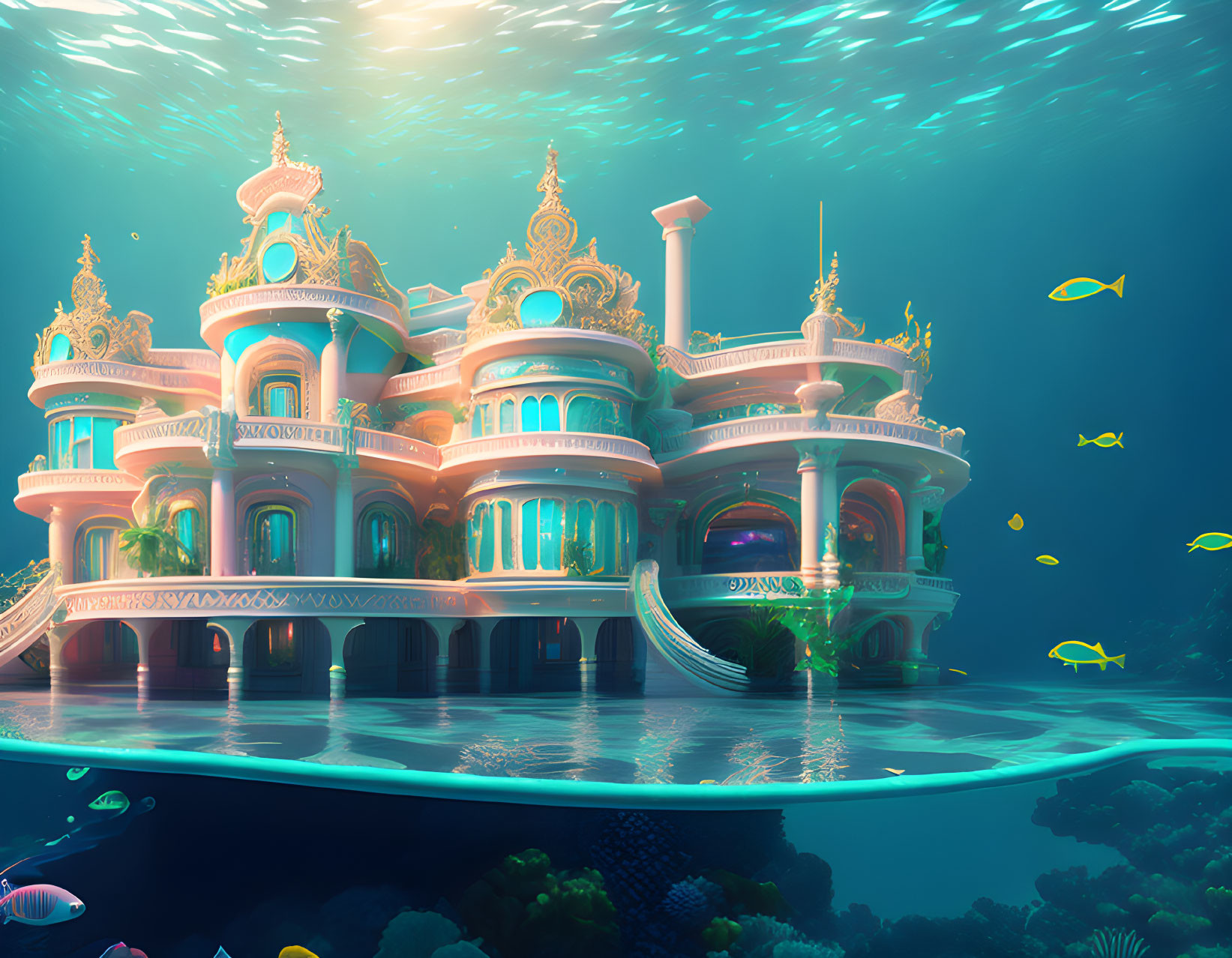 Ornate Underwater Palace with Pastel Colors and Golden Accents