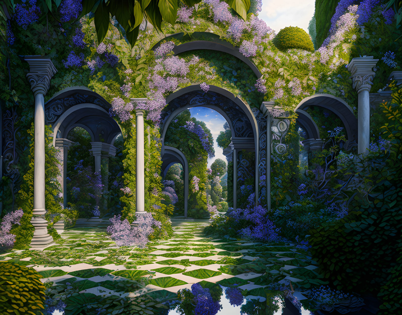 Tranquil garden with blooming wisteria and ornate arches