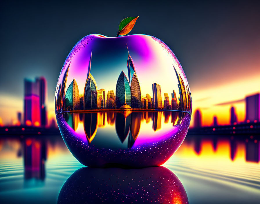 Reflective apple with cityscape and skyline mirrored on surface at sunset