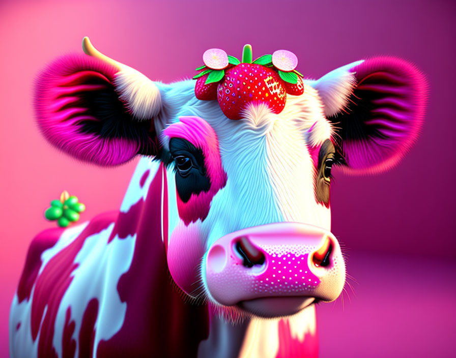 Colorful Digital Cow Illustration with Pink Tones and Strawberry Accents