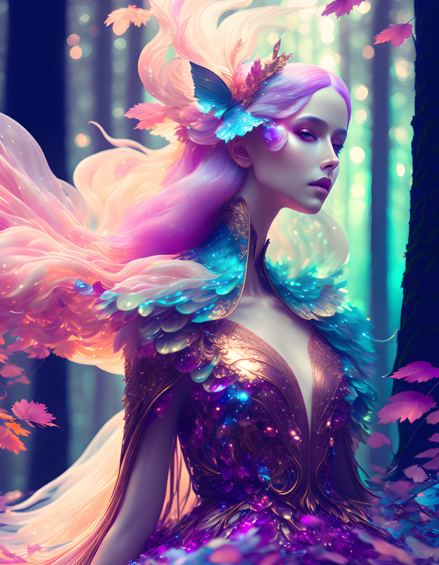 Fantastical female figure with iridescent wings and vibrant hair in ethereal forest setting