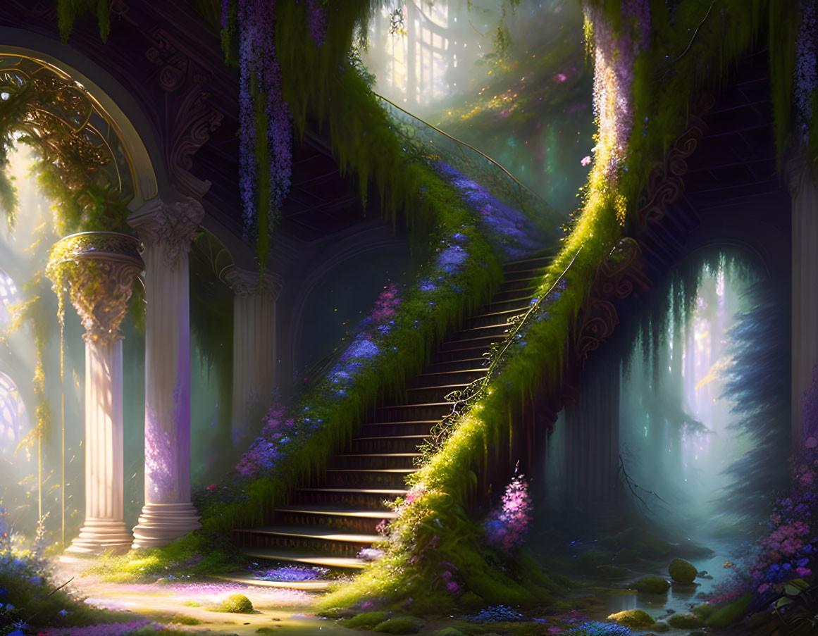 Enchanting forest scene with overgrown staircase and mystical sunlight