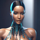 Futuristic female android with blue circuit patterns and intricate neck structures