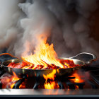 Intense flames engulf food in a pan on a stove, with rising smoke