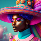 Colorful portrait of model with purple eyeshadow and ornate gold hat on teal background