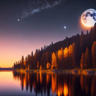 Tranquil Night Landscape with Starry Sky, Moon, Lake, and Pine Trees