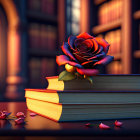 Colorful rose on books in cozy library with warm lighting