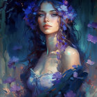 Fantastical portrait of woman with blue and purple floral elements