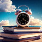 Vintage alarm clock on stack of books under golden hour sky