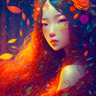 Vibrant digital artwork of woman with red hair and flowers in dreamlike scene