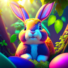 Colorful Easter rabbit surrounded by foliage and eggs in magical forest