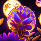 Digital art: Vibrant purple flowers, glowing orbs, starry sky - mystical atmosphere