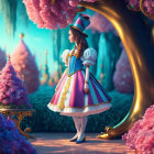 Illustration of two characters in enchanted forest with Mad Hatter and Alice costumes among pink flora