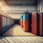 Colorful school hallway with children playing hide and seek at golden hour