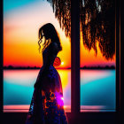 Woman silhouetted at sunset by window overlooking tranquil lake