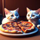 Two animated cats with big eyes and a sliced pizza on a wooden table in a room with warm sunset