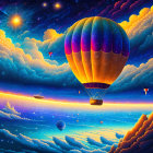 Colorful hot air balloon flying in vibrant sky with stars and clouds