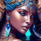 Illustrated portrait: Woman with blue hair, gold jewel headdress, earrings, reflecting water background.