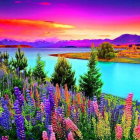 Colorful Landscape Illustration: Purple Skies, Dual Moons, Lake, Village