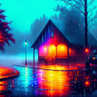 Rainy night scene: cozy house with glowing windows, wet street, neon lights, car passing,