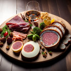 Assorted Meats, Cheese, Olives, Nuts, and Wine on Wooden Table