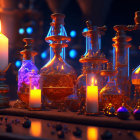 Glowing potions in ornate bottles with candles and blue flames