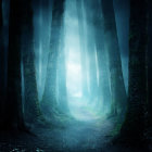 Woman in white dress on forest path under ethereal blue light