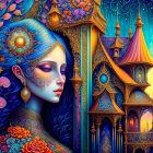 Detailed fantasy illustration of woman with decorative mask in ornate setting