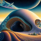 Surreal landscape featuring cosmic eye, swirling patterns, planetary bodies, warm and cool hues.