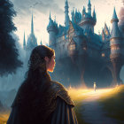 Woman admiring castle in enchanted forest at twilight with figure on candle-lit path