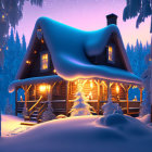 Snowy Winter Landscape: Cozy Log Cabin in Twilight